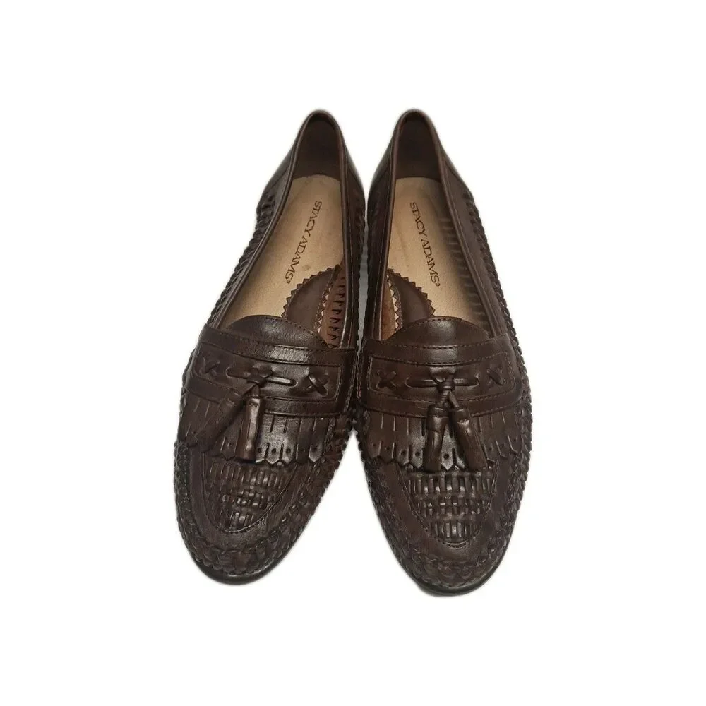 STACY ADAMS 25349 BROWN TASSELED WOVEN LEATHER SLIP ON MENS Size 9 SHOES